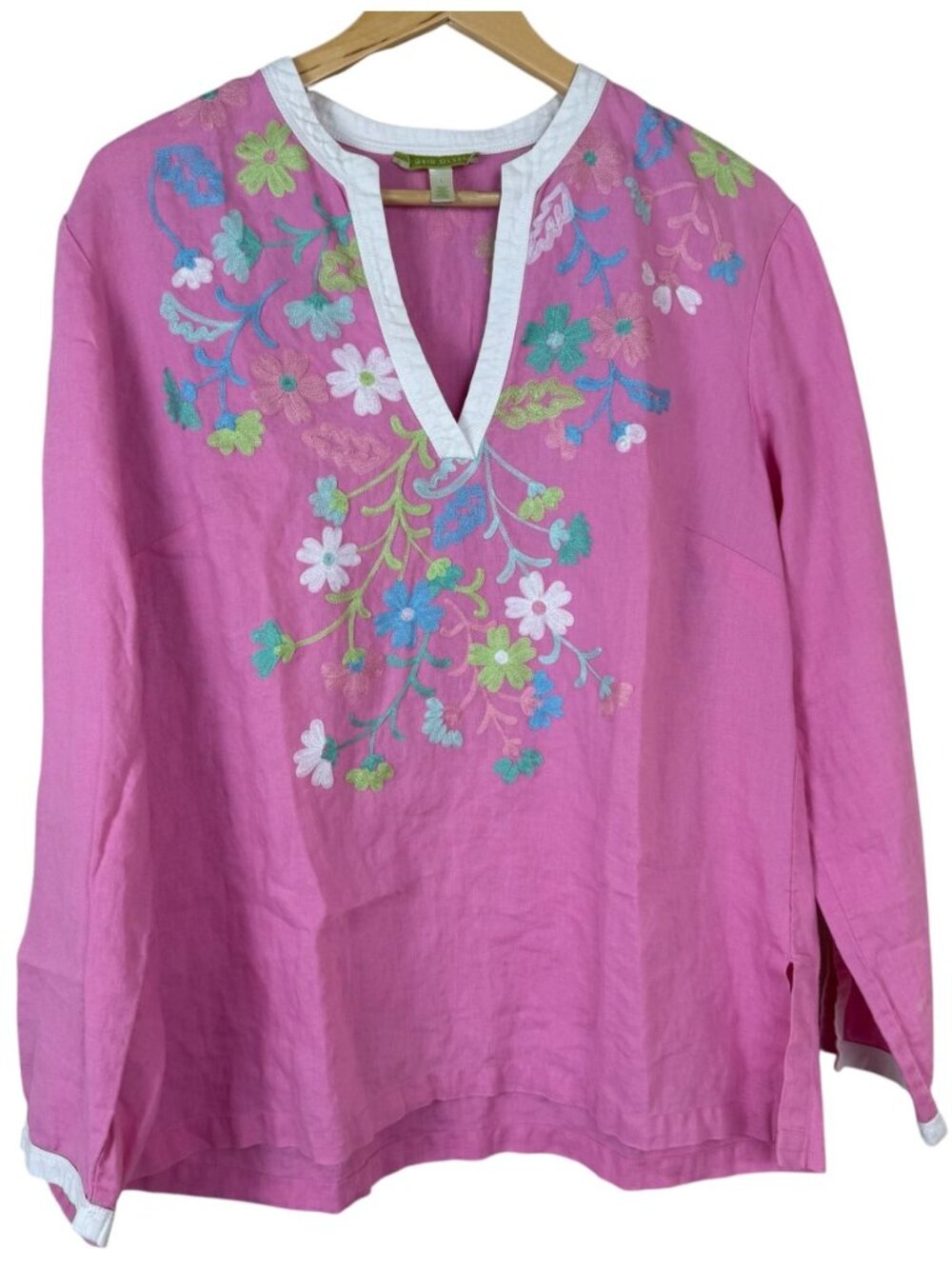 Sigrid Olsen Pink Pop Over Blouse Top Size Large Linen Floral Embroidery Summer